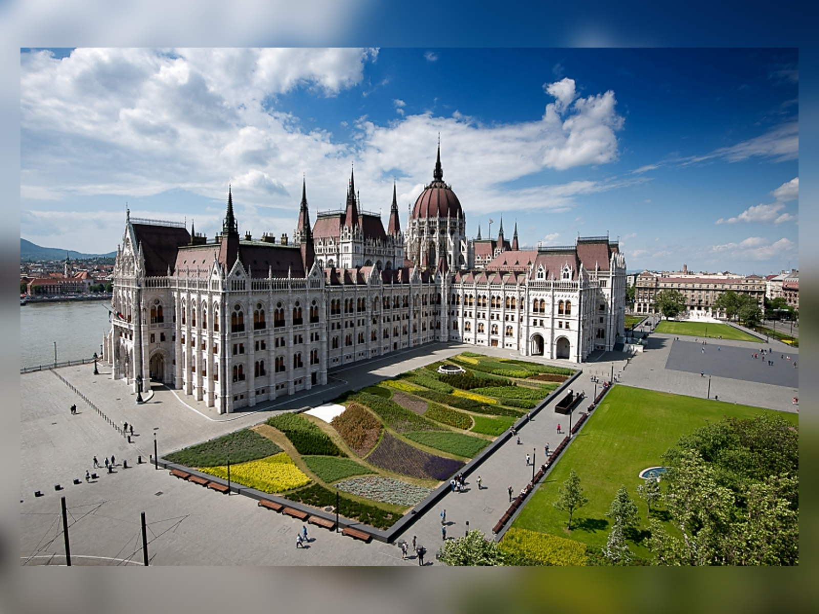 Aerial view of the Parliament and its gardens by the Danube